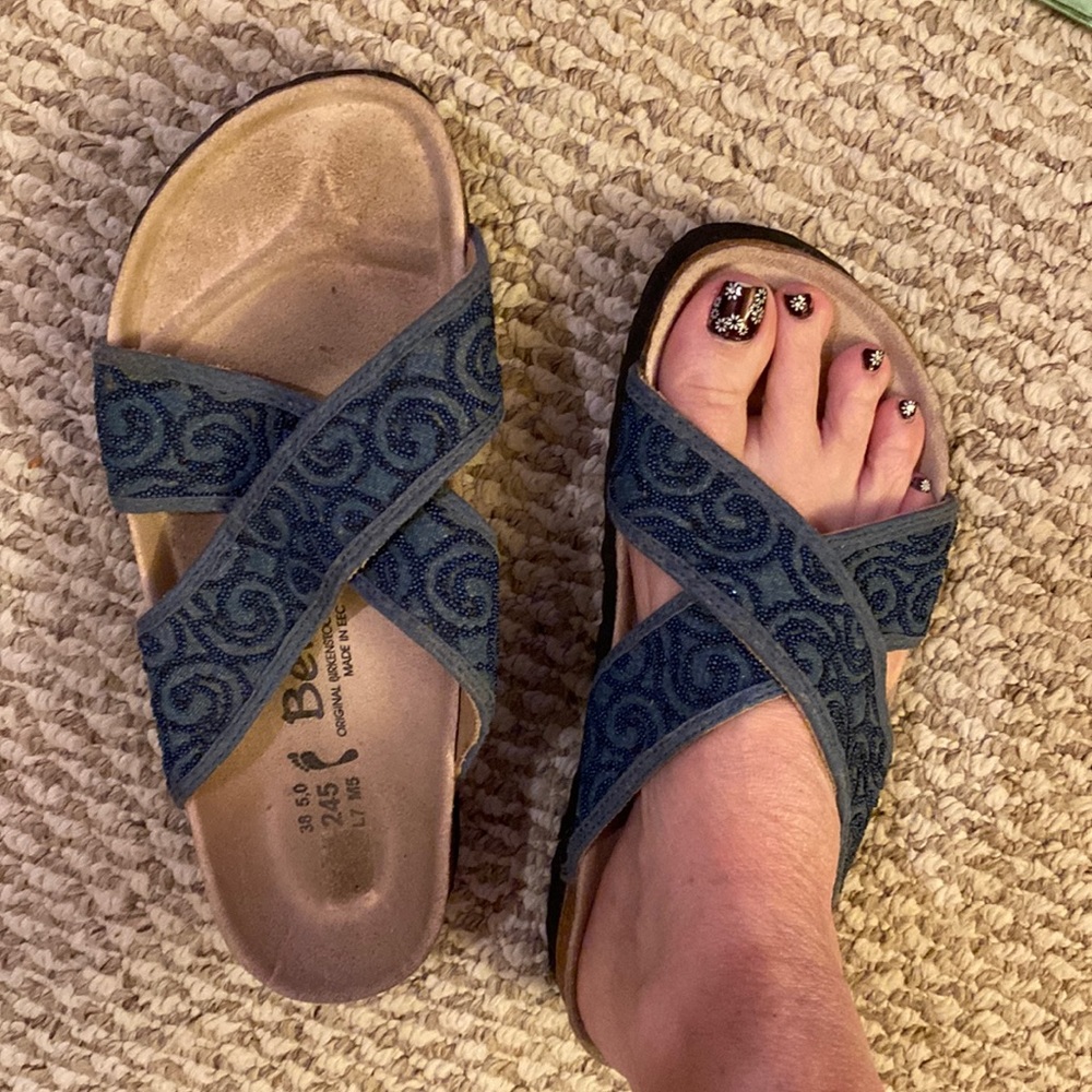 Birkenstock’s blue denim with beads GREAT CONDITION